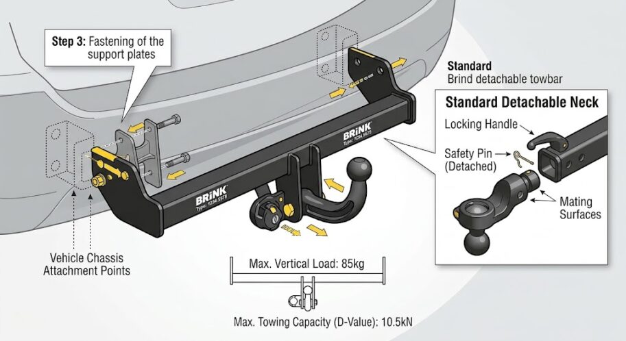 A technical installation diagram for a Brink detachable towbar, illustrating the step-by-step process of fastening the support plates to the vehicle chassis attachment points. The diagram includes a detailed inset box ('Standard Detachable Neck') showing the specific locking handle, safety pin, and mating surfaces for the detachable towball mechanism