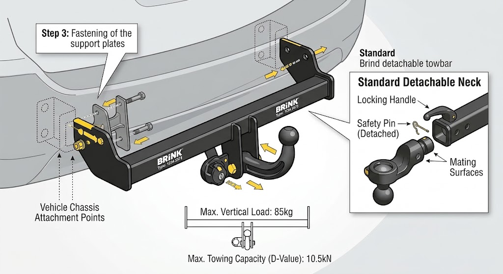 A technical installation diagram for a Brink detachable towbar, illustrating the step-by-step process of fastening the support plates to the vehicle chassis attachment points. The diagram includes a detailed inset box ('Standard Detachable Neck') showing the specific locking handle, safety pin, and mating surfaces for the detachable towball mechanism