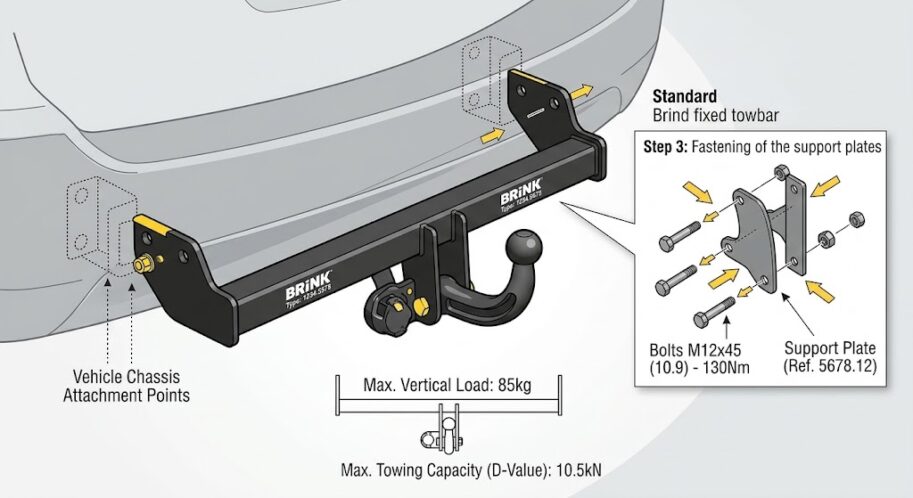 A technical diagram illustrating the professional Brink fixed towbar fitting process, showing the vehicle chassis attachment points and a 'Step 3' call-out box for fastening the support plates, specifically for a customer service based in Corby