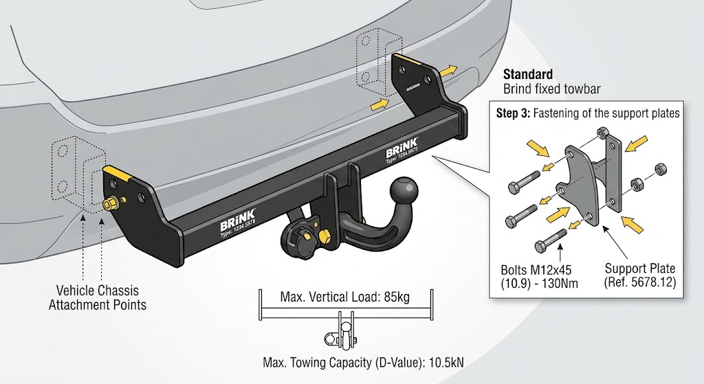 A technical diagram illustrating the professional Brink fixed towbar fitting process, showing the vehicle chassis attachment points and a 'Step 3' call-out box for fastening the support plates, specifically for a customer service based in Corby.